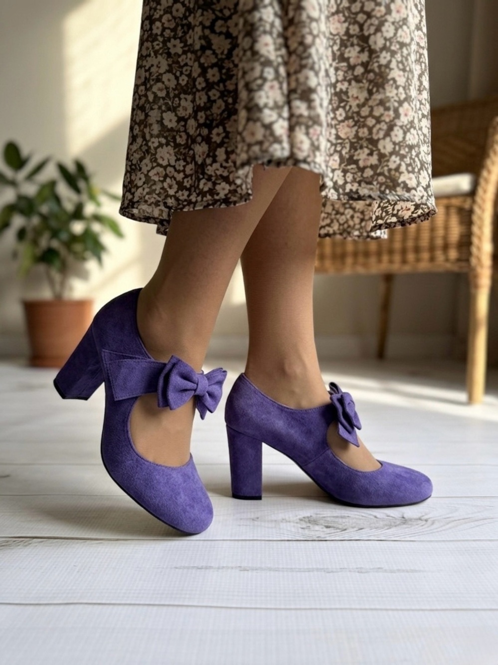 Women's Purple Suede Bow Mary Jane Heels